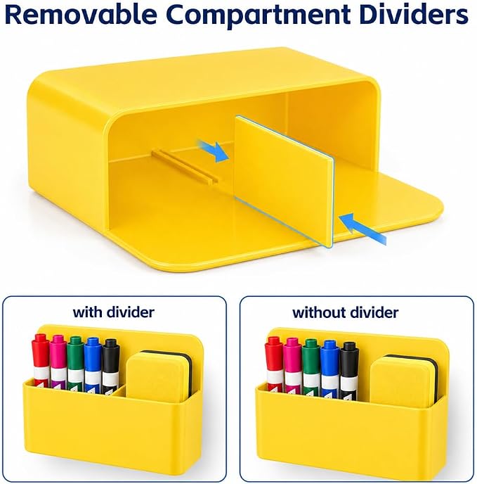 Magnetic Pencil Pen Holder, 2PCS Dry Erase Marker Holder for Whiteboard, Yellow Magnet Storage Pencil Cup Case Box Fridge Organizers Locker Accessories for Office School Classroom Teacher Must Haves