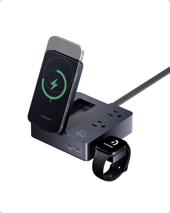 TESSAN 65W Charging Station USB Phone Charger with Wireless Charging | 2 USB C/1 USB A and 2 AC Outlet,for iPhone 17/16/15 Charging Stand, for Apple Watch Charging, Flat Plug, 5ft Cord, Black
