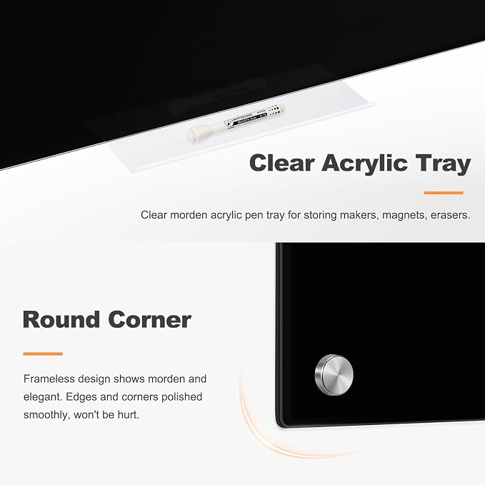 24” x 18” Black Dry Erase Board Magnetic Tempered Glass Whiteboard | (2’ x 1.5’) Small Wall Mounted Glass White Board with Acrylic Pen Tray for Office, Home, School