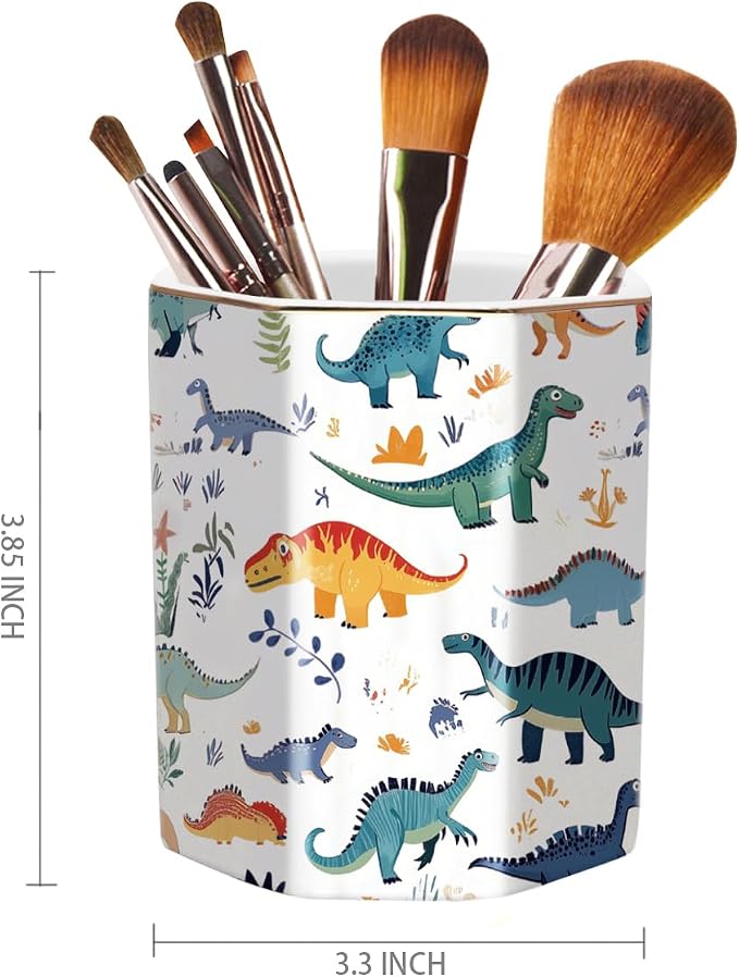 Cute Pen Holder, Pencil Cup for Desk, Desk Organizer, Durable Ceramic Decorative Makeup Brush Desktop Accessories, Stylish Stationery for Office, Home, Cute Dinosaur Pattern