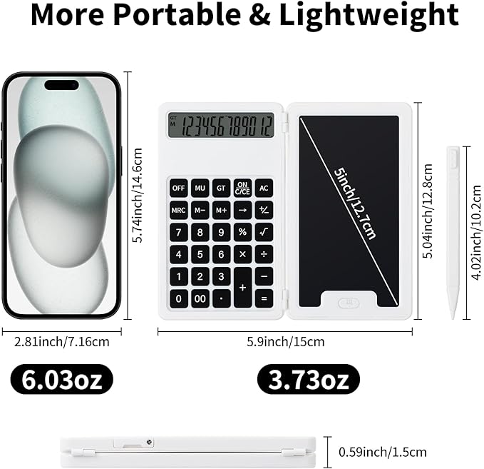 Desk Portable Basic Calculator, Small Mini Calculators with Writing Notepad and Stylus, More Lightweight and Portable, 12Digit Large Display Multi-Function for Office, School, Home & Financial (White)