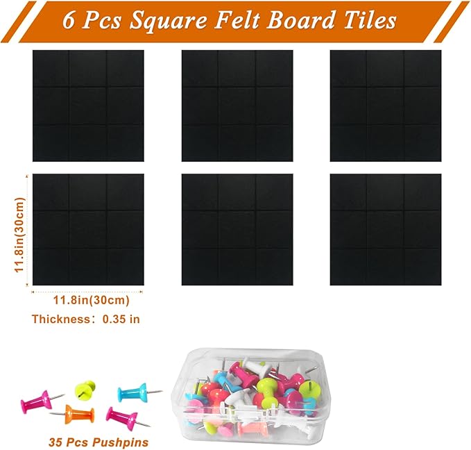 Large Square Felt Cork Board Tiles, Self Adhesive DIY Felt Bulletin Board Pin Board with 35 Pushpins for Office School Home Wall Decor Stickers Memos Photos Display (Black)