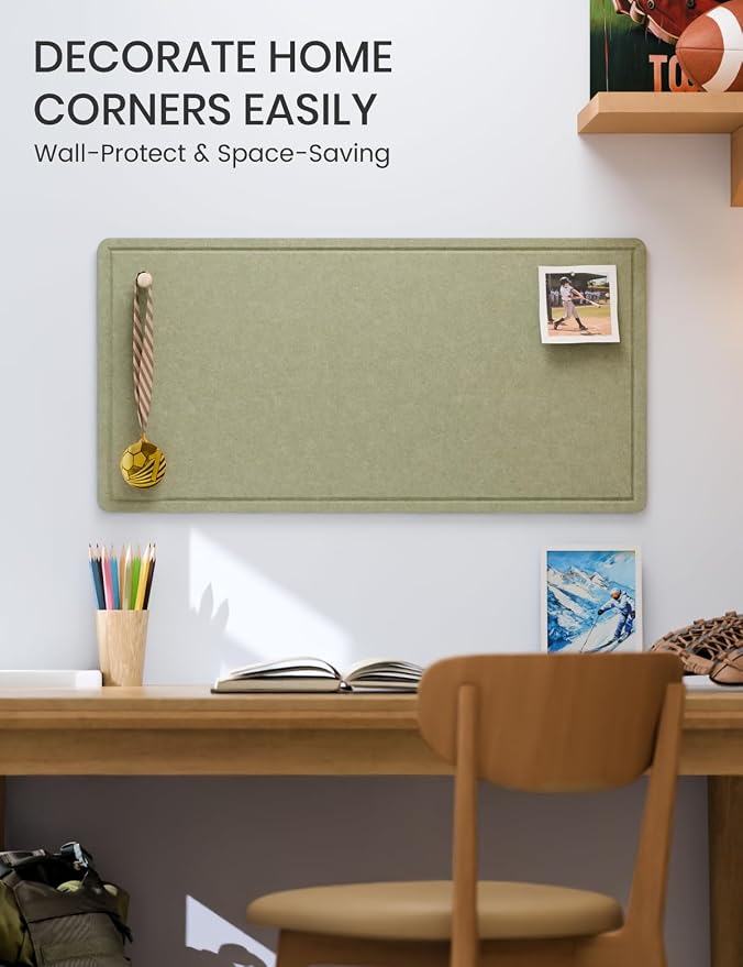 Fluxynara 35" x 17.1" Bulletin Board, Sage | Cork Board Alternative with 12 Removable Adhesive Tabs, Foldable Felt Pin Board for Home, Office, Classroom & Dorm