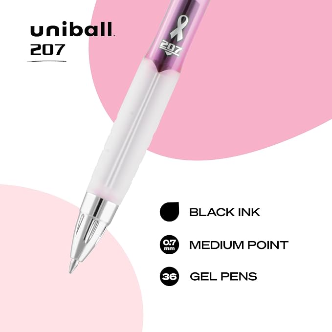 uniball™ 207 Pink Ribbon Gel Pens, Medium Point (0.7mm), Black, 12 Pack | Supports City of Hope, fraud-resistant uni Super Ink, water & fade-resistant, textured rubber grip