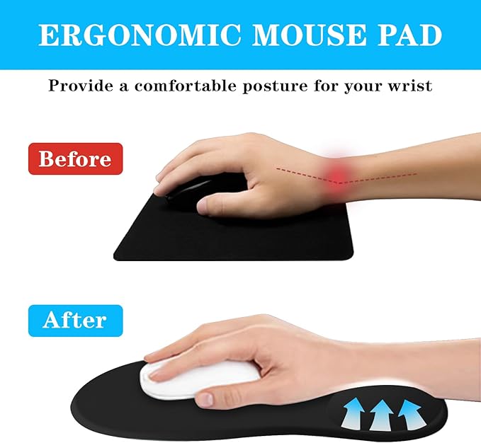Mouse Pad with Wrist Rest,Ergonomic Mouse Pad with Comfortable Gel Wrist Rest Support and Non-Slip PU Base for Easy Typing Pain Relief, Durable and Washable(Black)