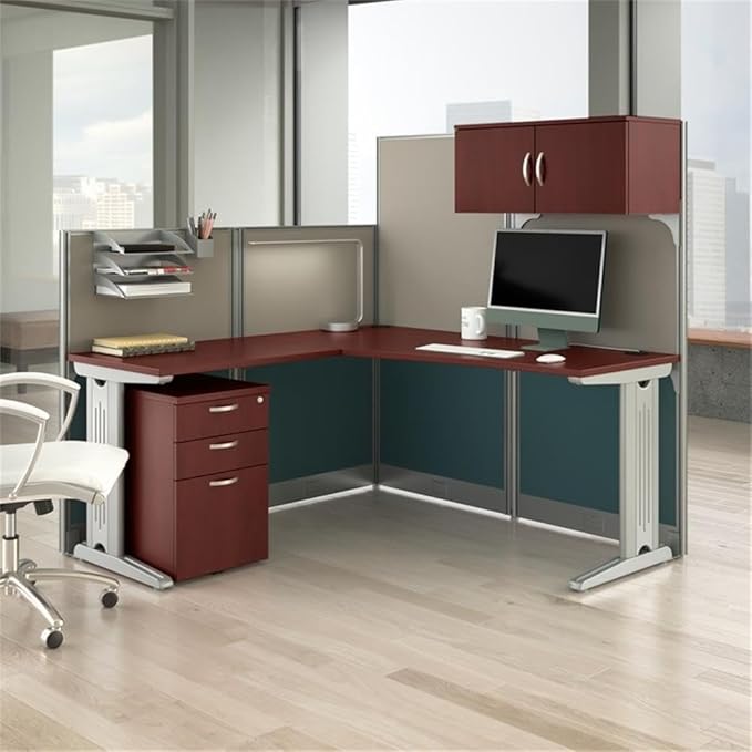 Bush Business Furniture Office in an Hour 65W L Shaped Cubicle Desk with Storage, Drawers, and Organizers in Hansen Cherry | Modern Computer Table Set with Privacy Panels for Commercial Workspace