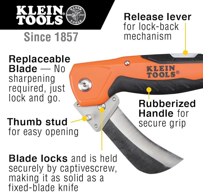 Klein Tools 44218 Utility Knife, Electricians and Folding Pocket Knife with Hawkbill Blade for Cable Skinning, Replaceable Blade