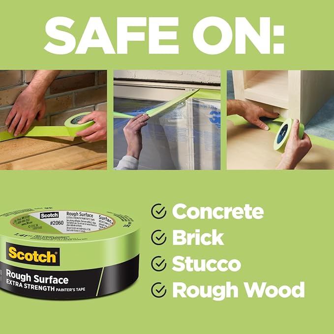 Scotch Rough Surface Extra Strength Painters Tape, 1.5 Inch Wide (1.41 in. X 60 Yds) 1 Roll, Green Tape Protects Surfaces and Removes Easily, Painting Tapes for Indoor and Outdoor Use (2060-36AP)