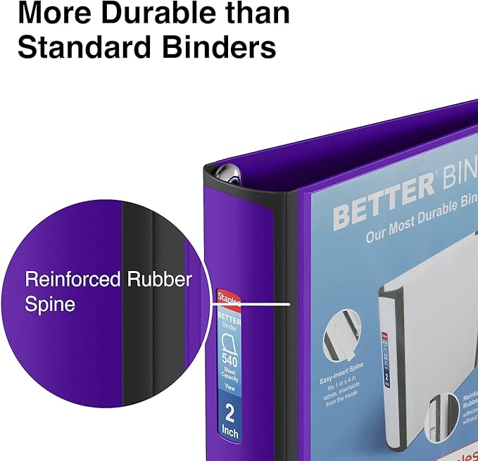Staples Better 2-Inch 3-Ring Binder, Purple – Heavy-Duty Binder for School & Office Storage