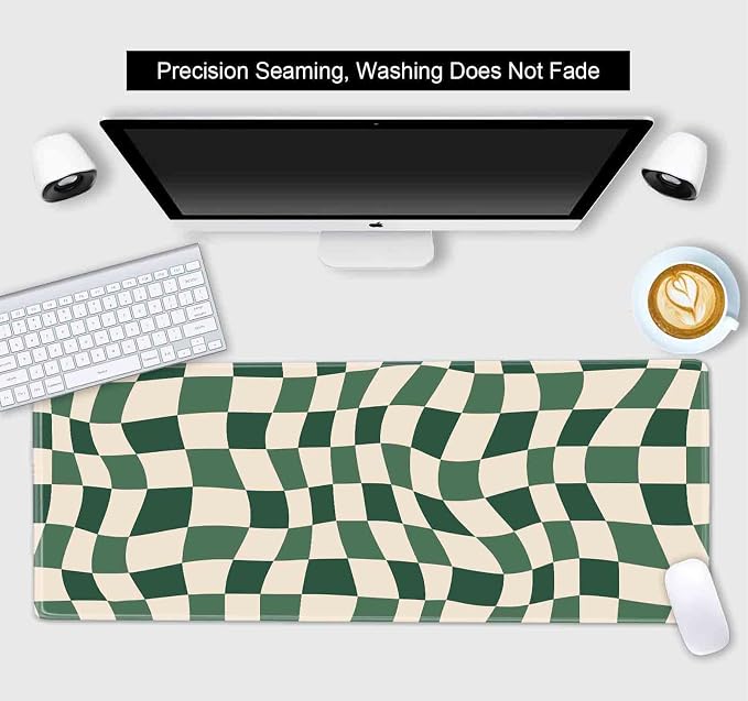 Sage Green Checkered Desk mat, Retro Boho Extra Large Mouse Pad, Abstract Wavy Desk Protector Pad, Minimal Pattern Aesthetic Writing Mat for Computer & Laptop Home Office, 31.5 X 11.8 in