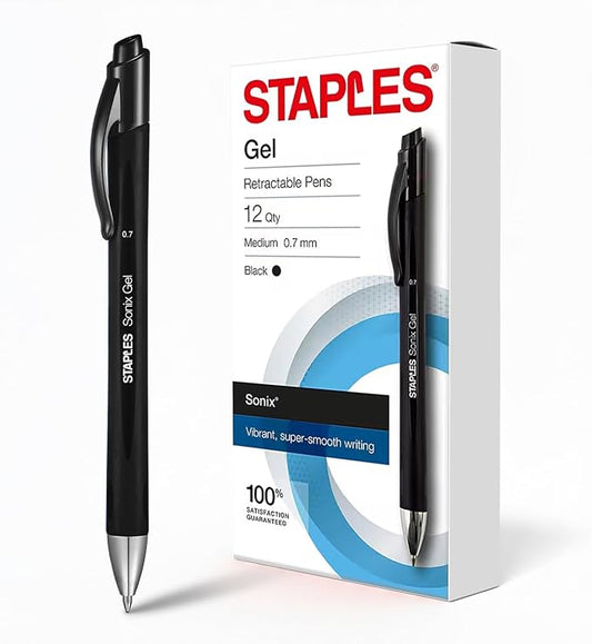 Staples Sonix Retractable Gel Pens, Medium 0.7mm, Black Ink, 12-Pack | Crisp-line writing with a pocket clip for everyday office or school use.