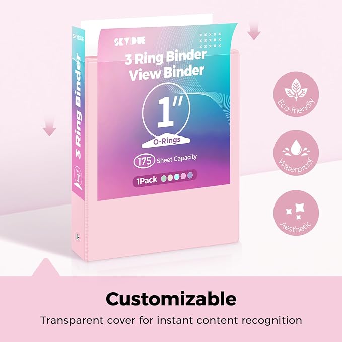 SKYDUE 1 Inch 3 Ring Binder with 8 Tab Dividers & 24 Labels, Pastel Binder Organizer for Letter Size Paper, Aesthetic School Binder for Notes, Documents, Office & Home Organization, Pink
