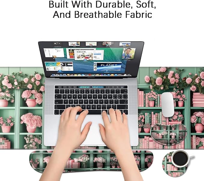 MIBITRI Keyboard Mouse Pad Set, Extended Gaming Mouse Pad+Ergonomics Keyboard Wrist Rest Support, Memory Foam, Easy Typing Pain Relief, 4Pcs XXL Ultra Thick Desk Mat, Bookshelf Florals