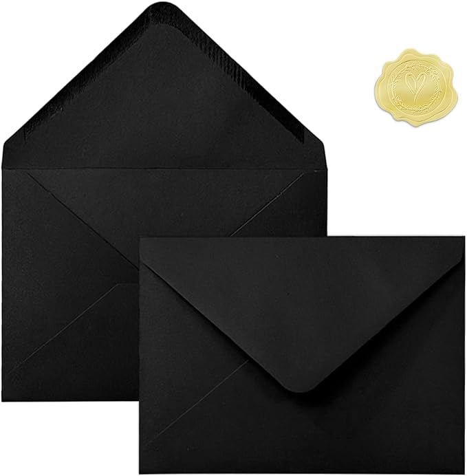 50 PCS Black Colorful A7 Envelopes with Stickers, 5x7 Envelopes for Greeting Cards, Great for Invitations, Wedding Invitation, Birthday, Baby Shower, Graduation