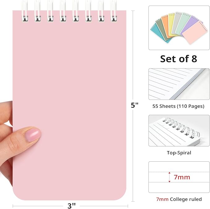 Taja Pocket Small Notebook 3" x 5", 4 Set of 8 Mini Little Spiral Notebook(32 Pack), Nursing Notepad, Perfect for Work, School, Office, Nurse, Travel - Soft Harmony