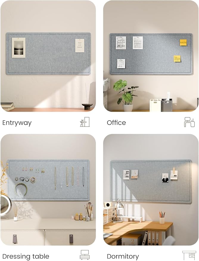 Fluxynara 35" x 17.1" Bulletin Board, Blue Gray | Cork Board Alternative with 12 Removable Adhesive Tabs, Foldable Felt Pin Board for Home, Office, Classroom & Dorm