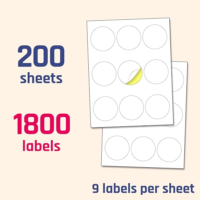 2.5" Round Matte White Sticker Label, Laser/Inkjet Printing - Letter Size, 200 Sheets