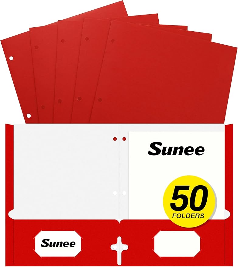 SUNEE Folders with Pockets 3 Hole Punched(50 Pack, Red), 2 Pocket Folders Fit Letter Size Paper, Paper File Folder for School Office Home Business