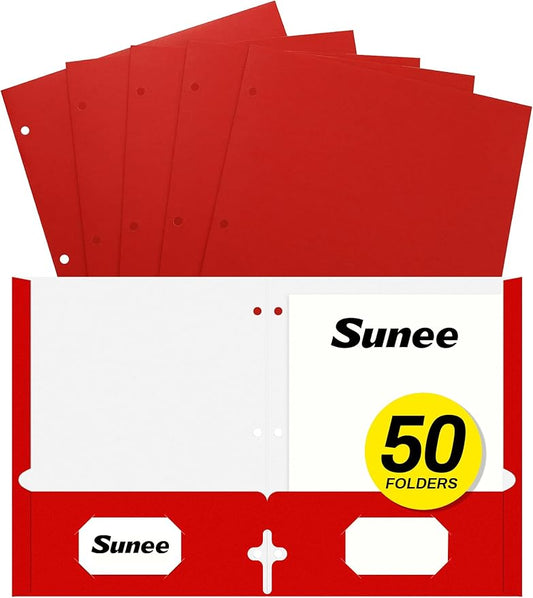 SUNEE Folders with Pockets 3 Hole Punched(50 Pack, Red), 2 Pocket Folders Fit Letter Size Paper, Paper File Folder for School Office Home Business