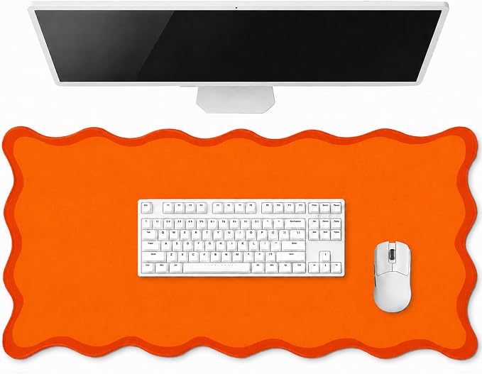Hahafelt Scalloped Desk Mat Waterproof,Orange,31.5 X 15.8 Inches | Coquette Preppy Style for School Office Makeup Vanity, Nonslip Gaming Desktop Protector with Scalloped Stitched Edge Mat
