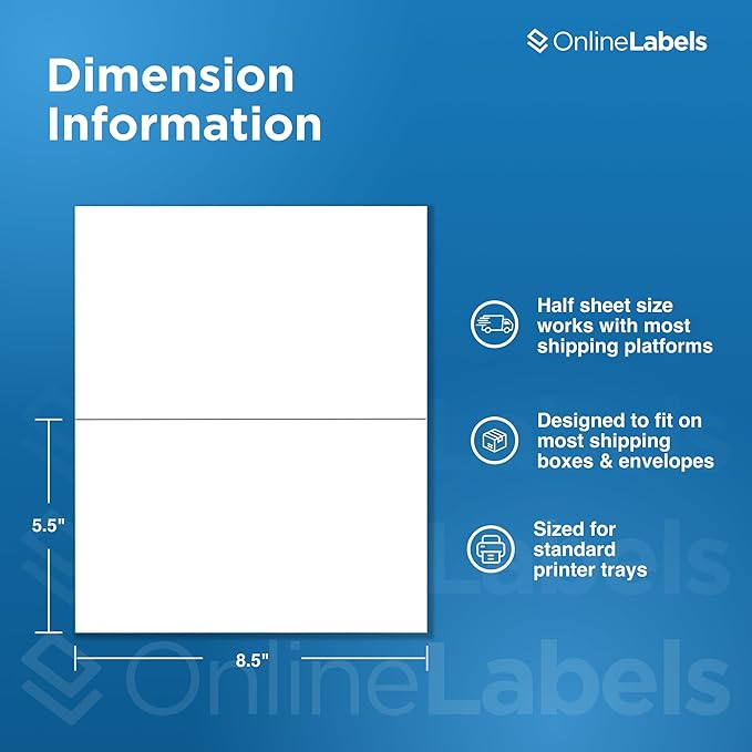 8.5 x 5.5 Half-Sheet Shipping Labels - Permanent, White Matte - for FBA, FedEx, UPS - Pack of 2,000 Labels, 1,000 Sheets - Inkjet/Laser Printers - Online Labels