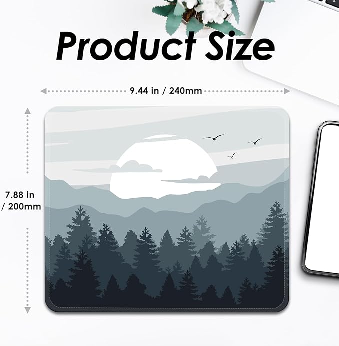 Mouse Pad with Stitched Edges - Nature Landscape Mousepad for Women, 9.25 x 7.75 inch Washable Square Desk Pad, Non-Slip Rubber Base, Office Home Laptop Accessories - Misty Mountain