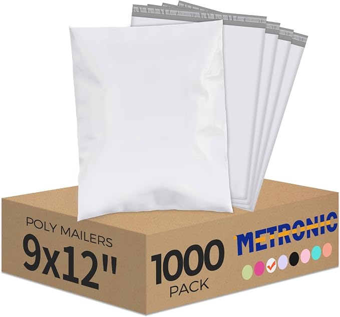 Metronic 1000Pack White Poly Mailers 9x12 Shipping Bags Envelopes with Self Adhesive, Waterproof and Tear-Proof Packaging Bag Postal Bags for Small Business