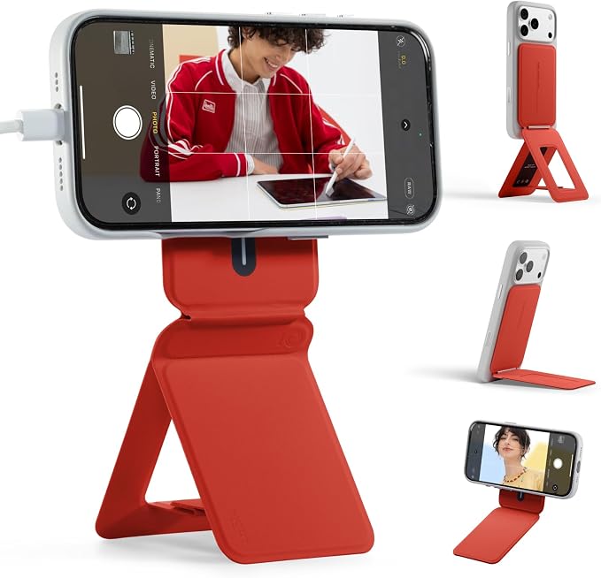 MOFT Phone Stand, Magnetic Phone Tripod Stand Stain-Resistant MOVAS Leather & Angle Adjustment & Strong Magnets Tripod for iPhone 17/16/15/14/13/12 (Included Metal Ring)-Sunset