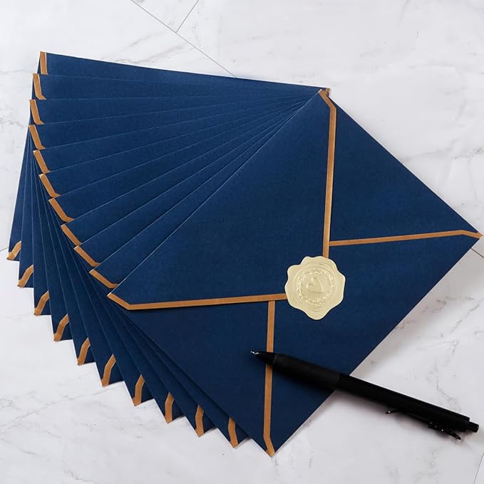 50 Pieces A7 Envelopes with Gold Border, 5.24 x 7.21 Inches Envelopes with Gold Stickers for Greeting Cards and Invitation (Navy Blue, A7-5x7)