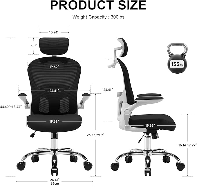Ergonomic Office Chair - Adjustable Lumbar Support, Headrest, High Back Mesh Desk Chair for Office and Home, 90-120° Reclining Computer Chair with Flip-Up Arms (Panda)