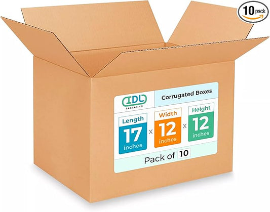 Medium Shipping & Moving Boxes 17x12x12 inches (10-Pack) - Extra Strength 200 lb vs Regular - USA-Made Corrugated Durable Cardboard Boxes - Medium Moving Box - Heavy Duty Moving Box by IDL Packaging