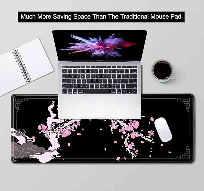 Japanese Pink Cherry Blossom Desk Pad, Black Long Mouse Pad Deskmat, Cute Desk Mat for Desktop, Women Computer Laptop Protector Writing Pads for School Office, 31.5 X 11.8 in- Sakura Flowers