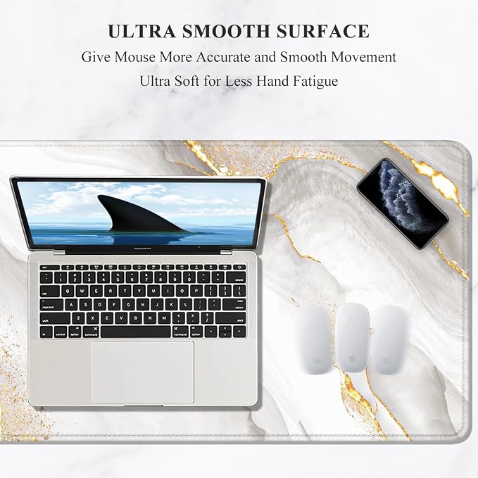 Auhoahsil Large Mouse Pad, XXL Gaming Mousepad, Desk Mat for Desktop, Thick Rubber, Big & Long Size, Stitched Edges, Full Desk Pad for Laptop & Computer, Extended 35.4 x 15.7 in, Gold Gray Marble