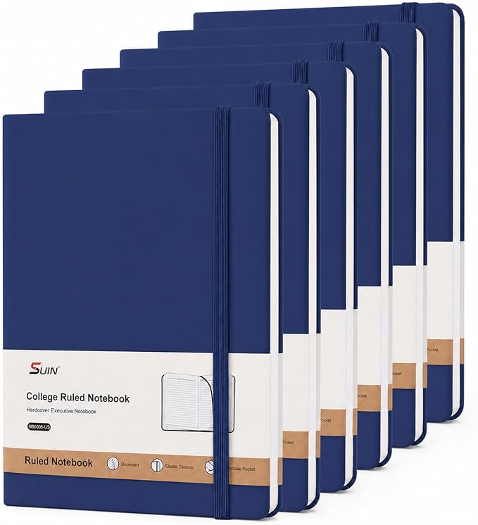 Hardcover-Journal-Notebooks, A5 Lined Journals Notebook for Writing 200 Pages, 8.2 x 5.5 inch, Classic Ruled Notebooks for Work/Travel/College (Navy Blue- 6 Pack)