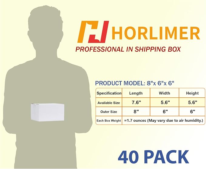 HORLIMER 8x6x6 Shipping Boxes Set of 40, White Corrugated Cardboard Mailer Box for Packing Small Business