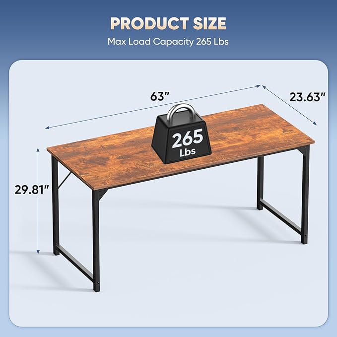 DUMOS 63 Inch Computer Office Desk Writing Gaming Study Work Large Desks for Bedroom Home Office with Metal Frame Simple Modern PC Table Workstation, Wood Brown