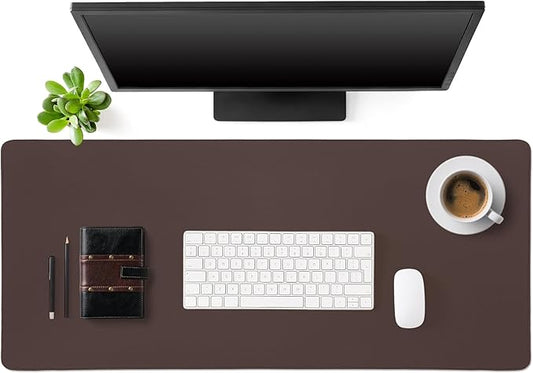 Tegeme Leather Desk Mat Large Desk Pad 35.4 x 15.7 Inch Non Slip Table Protector with Stitched Edges and Rubber Base Dark Brown Stylish Workspace Accessory Laptop Mat Smooth Writing for Home Office