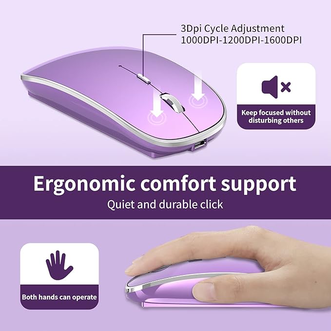 Wireless Mouse Chargeable Portable Silent USB and Type-C Dual Mode Wireless Mouse 3 Adjustable DPI for Laptop, Mac, Android, PC (Q23S Black) (Purple)