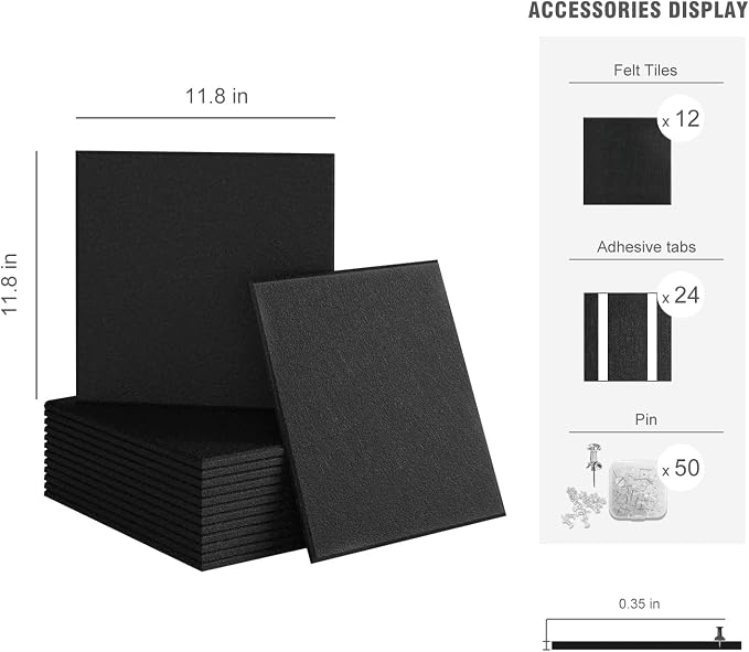 48"x36" Felt Corkboard Bulletin Board,TSJ OFFICE,12 Pack for Wall,Black | Includes 50 Pushpins & Clips, Removable Adhesive Tabs, Alternative Wall Tiles for Home, Office Decor, Install Without Damage