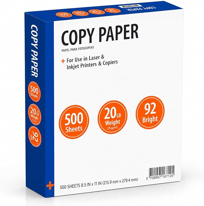 Copy Paper, 8.5" x 11", 20 lb., 92 Bright, White, 1 Ream, 500 Sheets | 1 Ream, Letter Size, 20 lb. Bond Weight, 92 Brightness, 500 Sheets per Ream