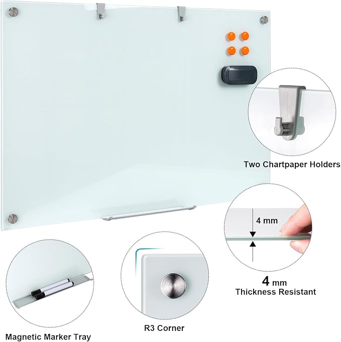 Wingwise Glass Dry Erase Board, 36 x 24 Inches Magnetic Glass Whiteboard | Wall Mount, 3' x 2' Frameless Glass Board for Office, Home, School