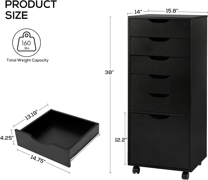 TUSY Mobile File Cabinet, 5-Drawer Storage Cabinet, Vertical Rolling Storage Organizer Chest with Wheels & Anti-Tip Kit, for Home Office, Craft Room, Black