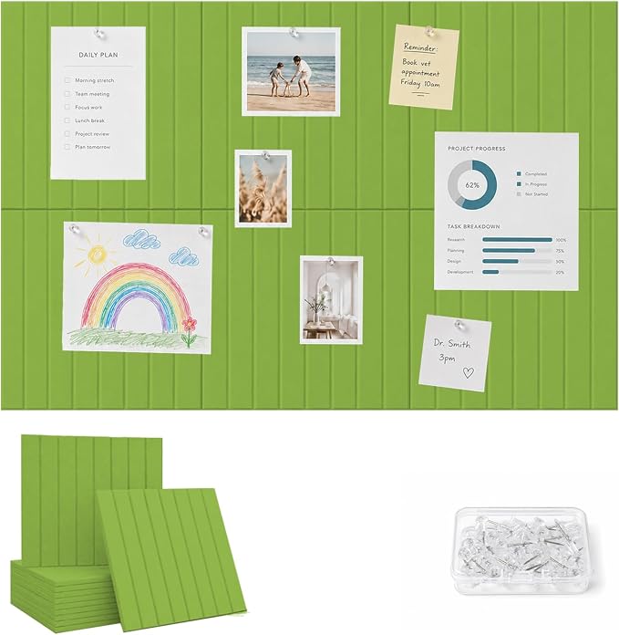 36" x24" Large Felt Bulletin Board, Bold-Stripe 6-Pack Cork Boards | Fabric Bulletin Board with 30 Adhesive Tabs, 30 Pushpins, Felt Wall Tiles for Office Push Pin Board Felt Board,Matcha Green | Fabric Bulletin Board with 30 Adhesive Tabs, 30 Pushpins,...