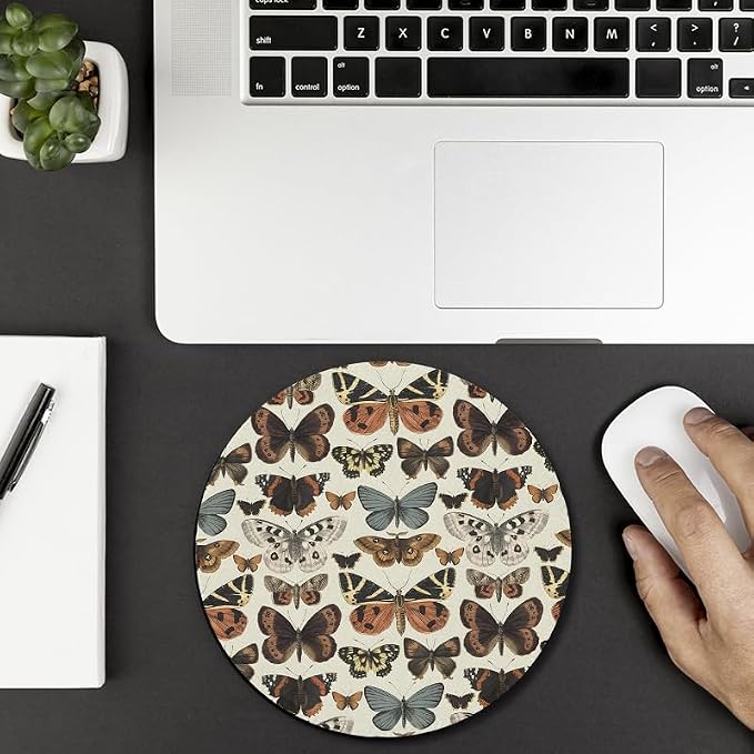 Butterfly Round Mouse Pad, Vintage Light Academia Insect Butterfly and Moth Aesthetic Mousepad Mat for Home Office Computer Laptop Desk Accessories 7.9x7.9 in