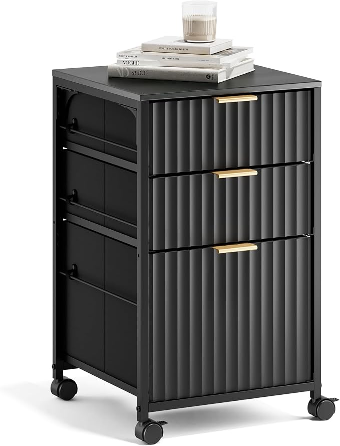 VINGLI 3 Drawer Fluted File Cabinet, Rolling File Cabinet Mobile Under Desk File Cabinet with Wheels, Fabric Drawers Printer Stand for Home Office, Fits Letter Size, Black