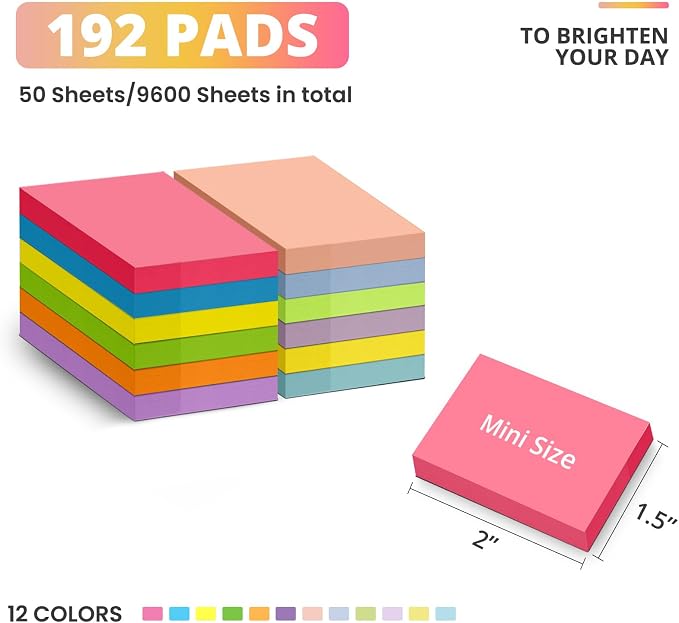 Taja 192 Pads Sticky Notes, 1.5"x2" Inches Mini Sticky Notes Pads, Bright | Bulk Small Sticky Notes for Quick Reminders and Color Coding, Mini Sticky Notes for Office, School and Home Organization
