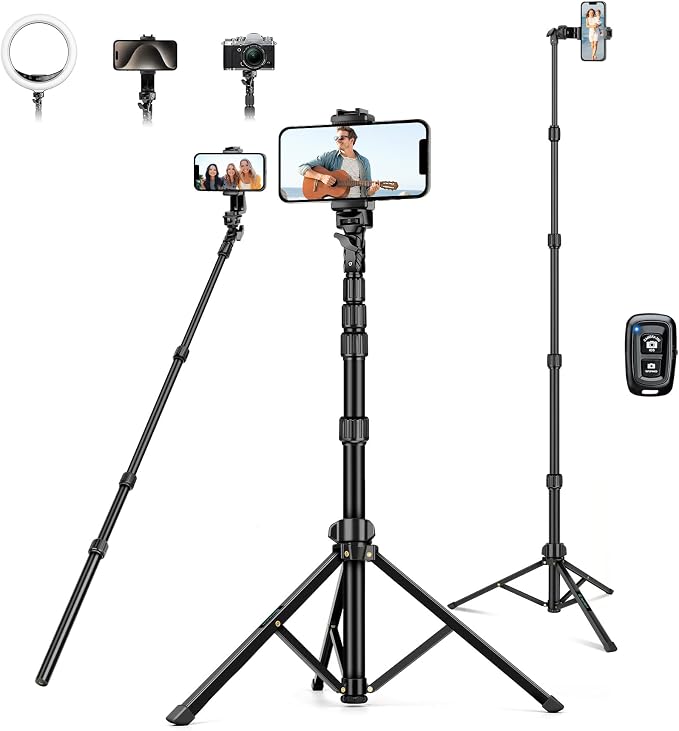 72" Tripod for iPhone, Phone & Camera Travel Tripod Stand with Remote, Compatible with Smartphone/Gopro