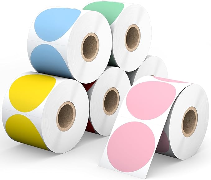 2" Thermal Labels Round - 6 Colors, 6 Rolls - 4500 Circle Labels | 750/Roll, Fit for Rollo/MUNBYN Thermal Printers, 3-Proof & Strong Adhesive, Jam-Free & Easy Peel, Ideal for Business/DIY/Code