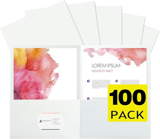 100Pcs White Folders with Pockets and Business Card Holder,2 Pocket Folders for School,Home or Office,Durable Heavy Duty File Folders