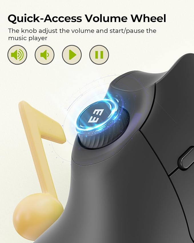 seenda Ergonomic Mouse Wireless, MOU-302 Bluetooth Vertical Mouse Rechargeable, Optical Mice with 1000/1600/2400 DPI, Volume Knob, 3 Multi-Device Connectivity for Computer/PC/Laptop/Mac, Black